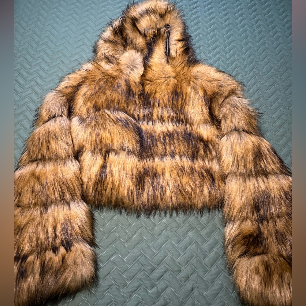Akira fake fur cropped hooded puffer